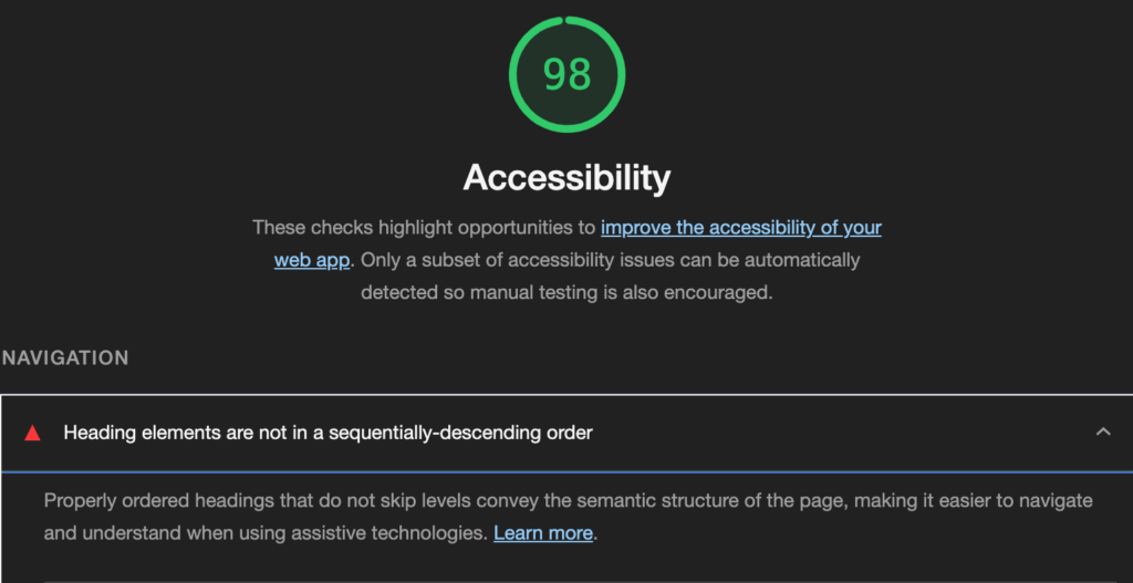 Example of a Google lighthouse accessibility score.