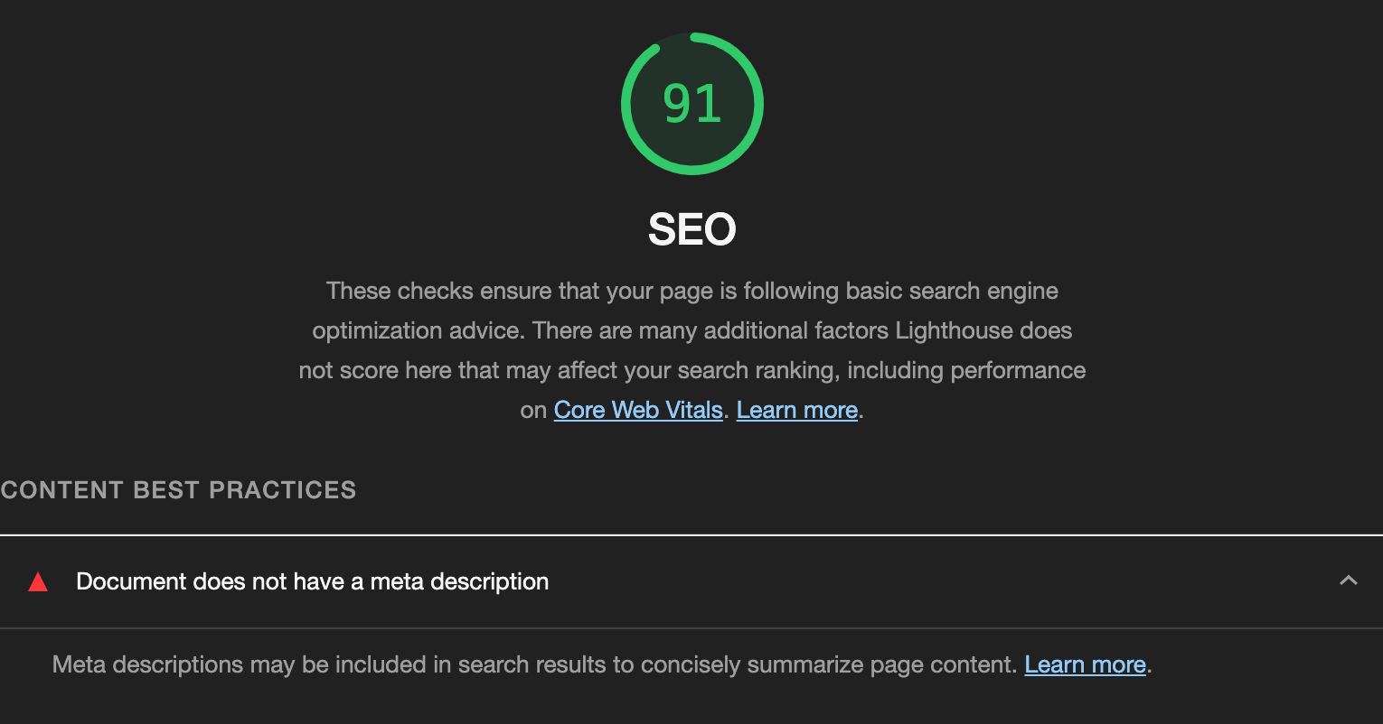 Example of a Google lighthouse SEO score without meta desriptions.